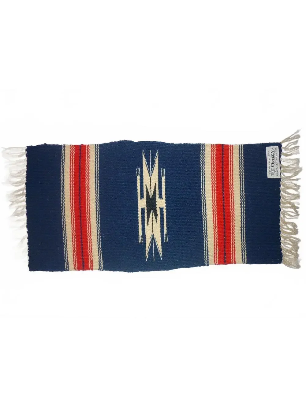 Ortega's Chimayo Native Handwoven Blue and Red Runner Small Rug Tagged